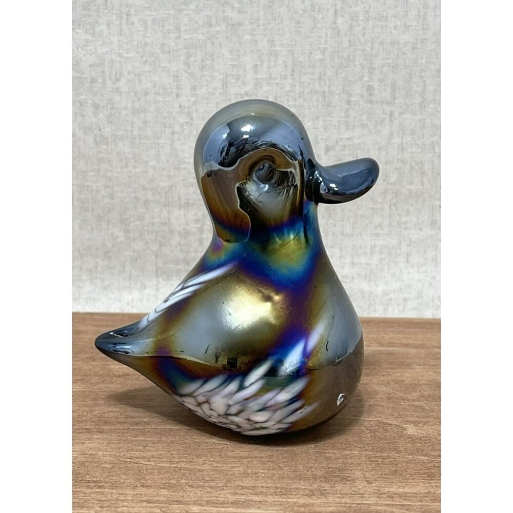 Vintage Iredescent Art glass Baby duck paper weight Purple Silver Black